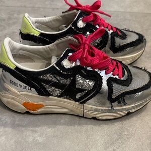 Golden Goose Silver and Black Sneakers with Neon Pink Laces